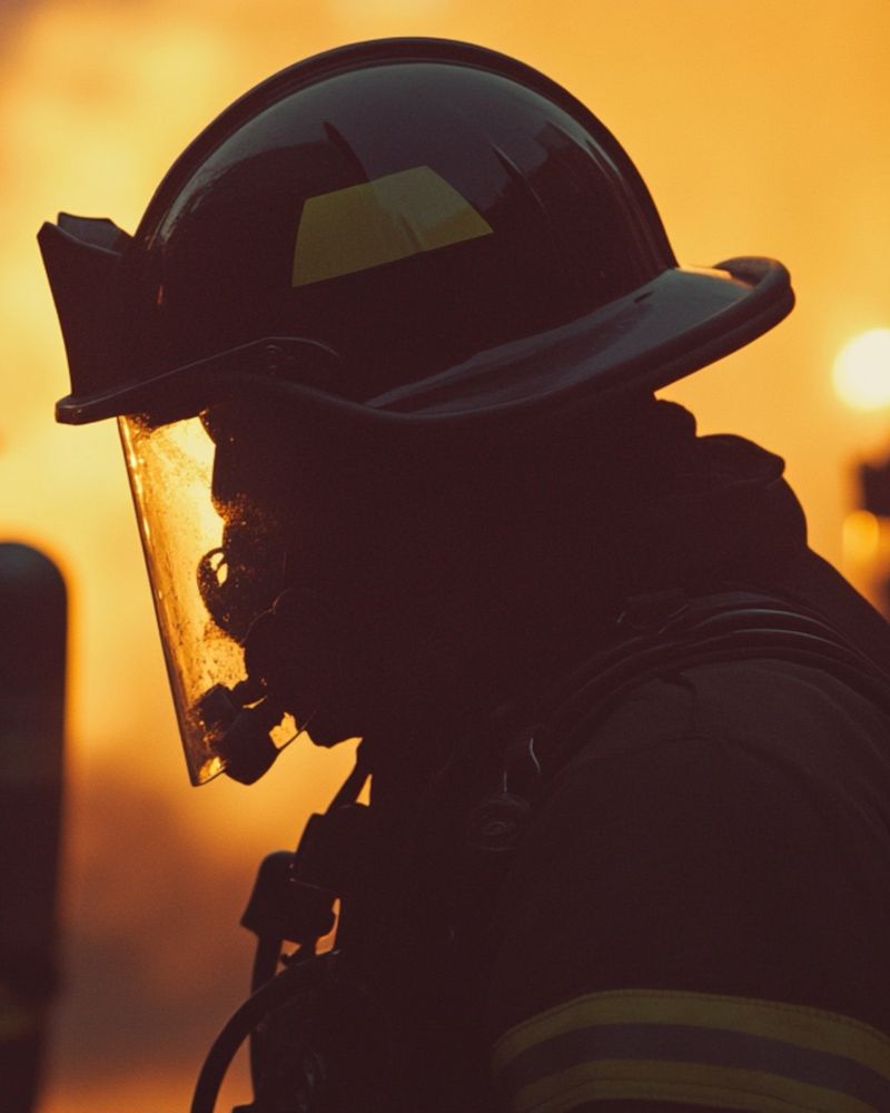 Bombeiro militar de capacete e equipamento de respiração, com outros bombeiros ao fundo.